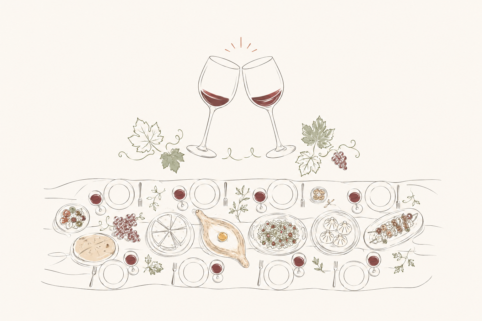 Watercolor-style drawing of a Georgian supra table with raised glasses