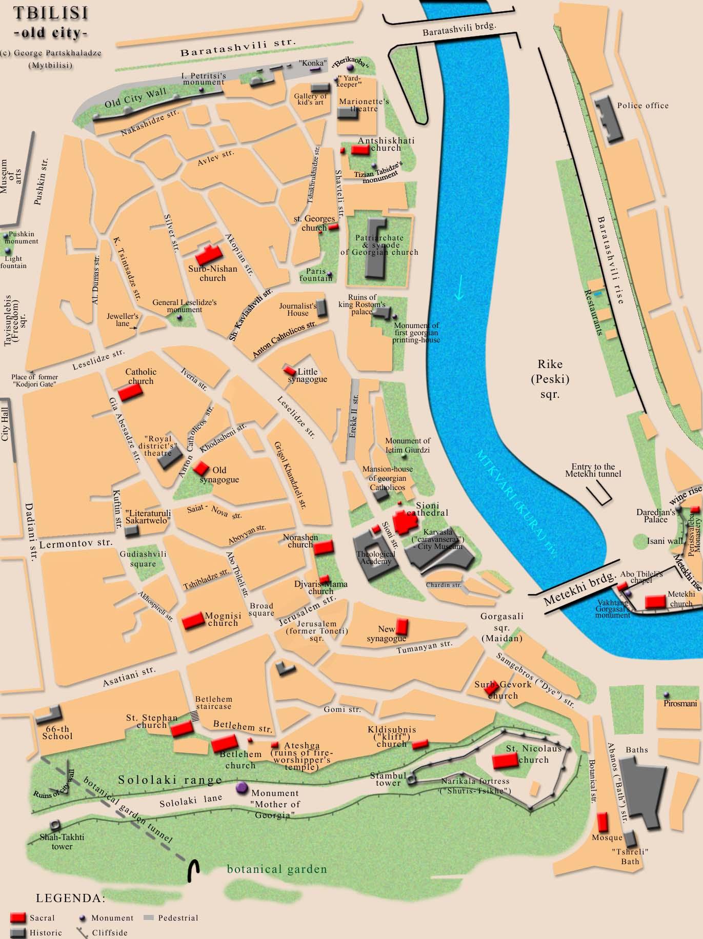 Map of Tbilisi Old City landmarks and streets